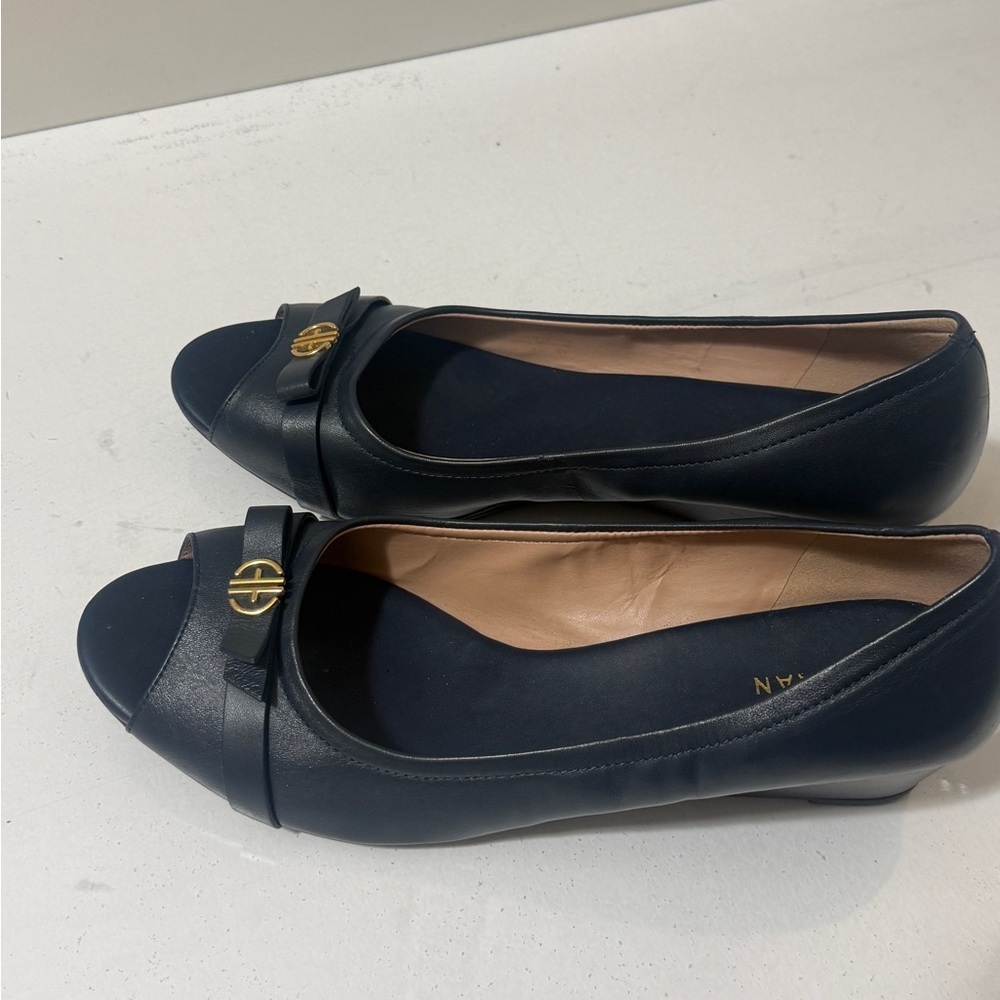 Cole Haan Women's Navy Peep-Toe Flats with Gold Accent - Picture 11 of 16
